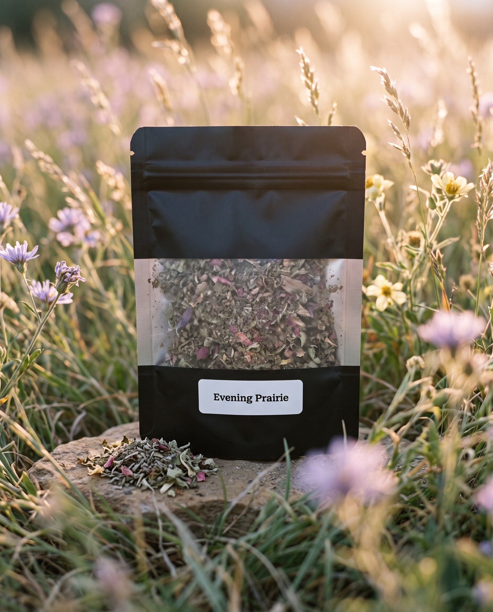 Evening Prairie — close-up of the herb blend in its matte black pouch